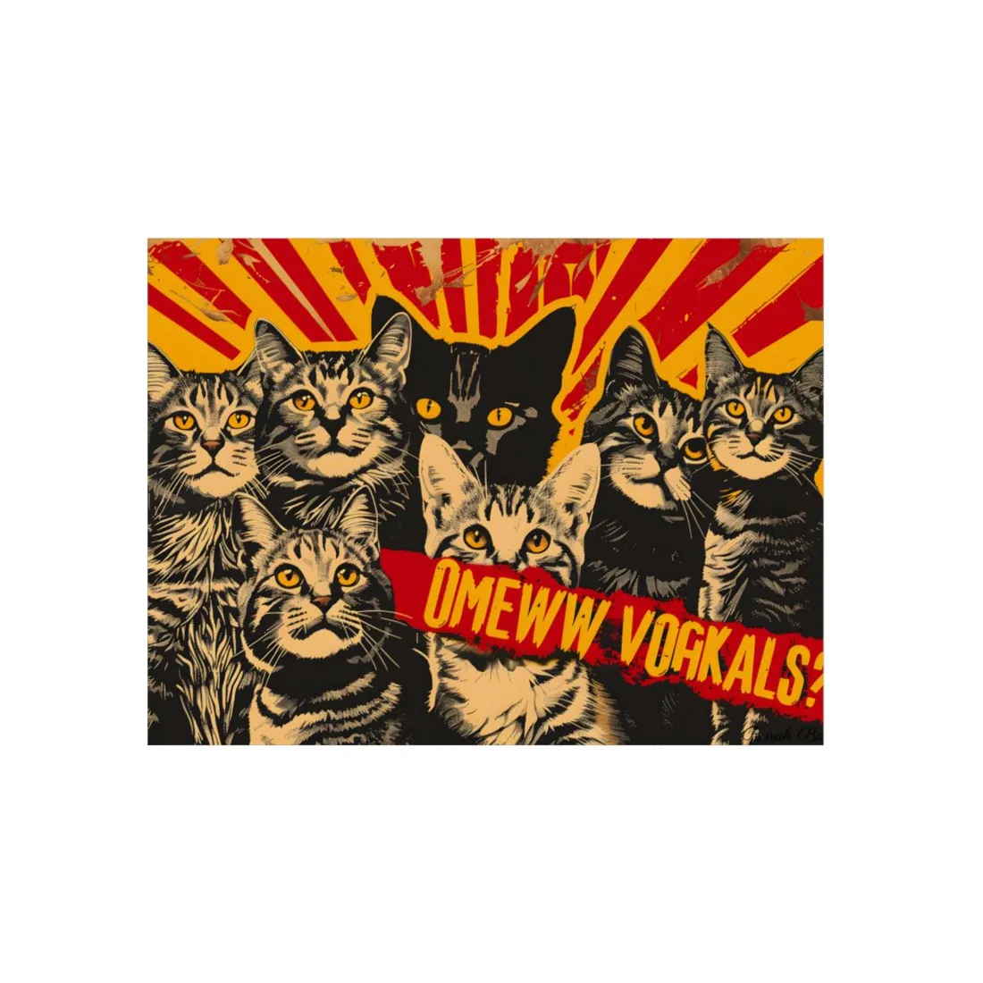 Soviet-Style Cats: Red Background Art Piece - Metal Poster