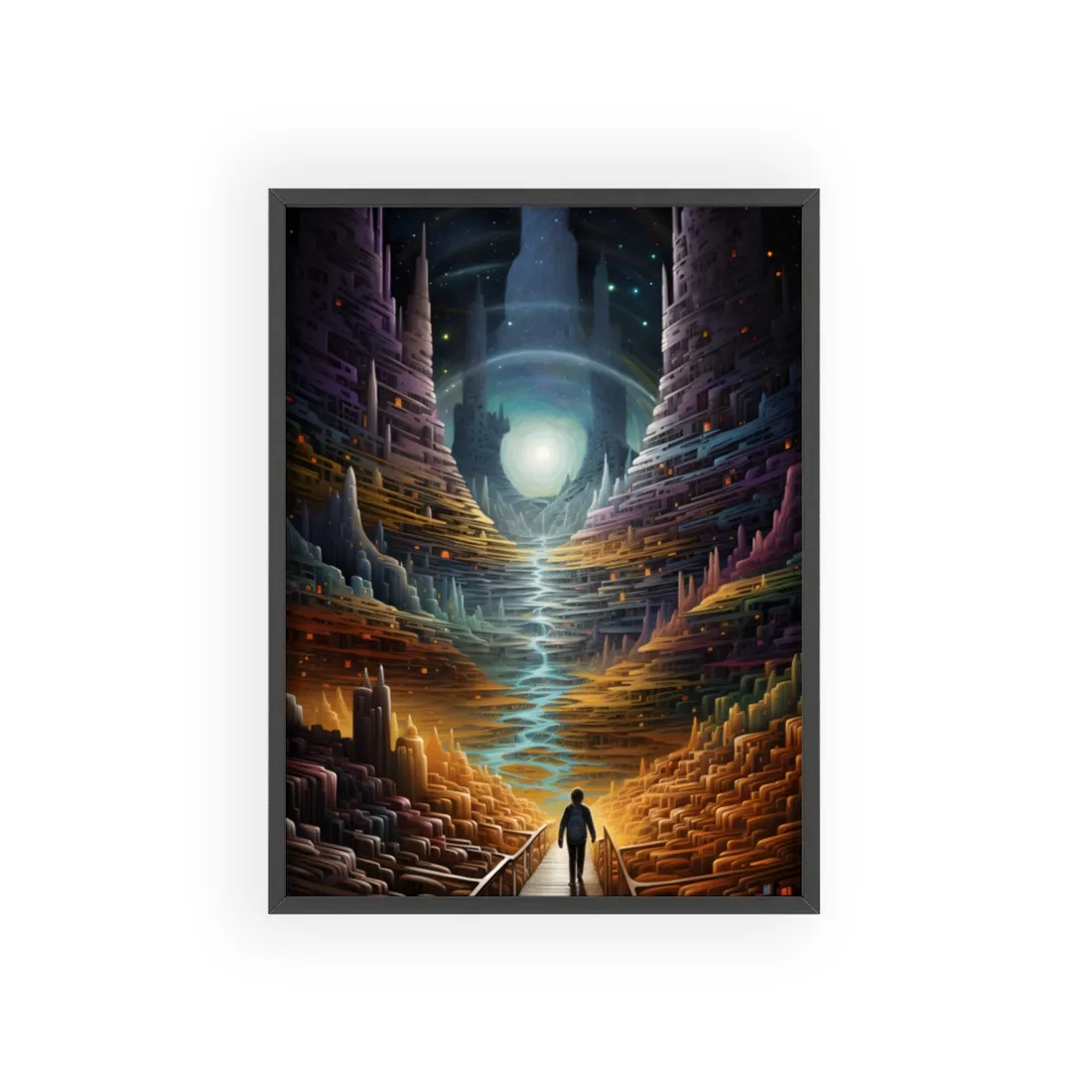 Space Explorer Journey: Astronaut in Cosmic Adventure - Framed Poster