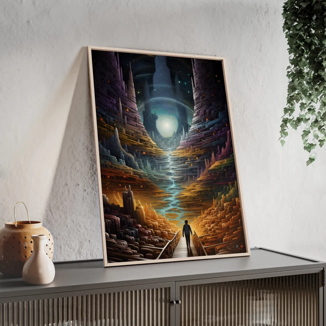 Space Explorer Journey: Astronaut in Cosmic Adventure - Framed Poster