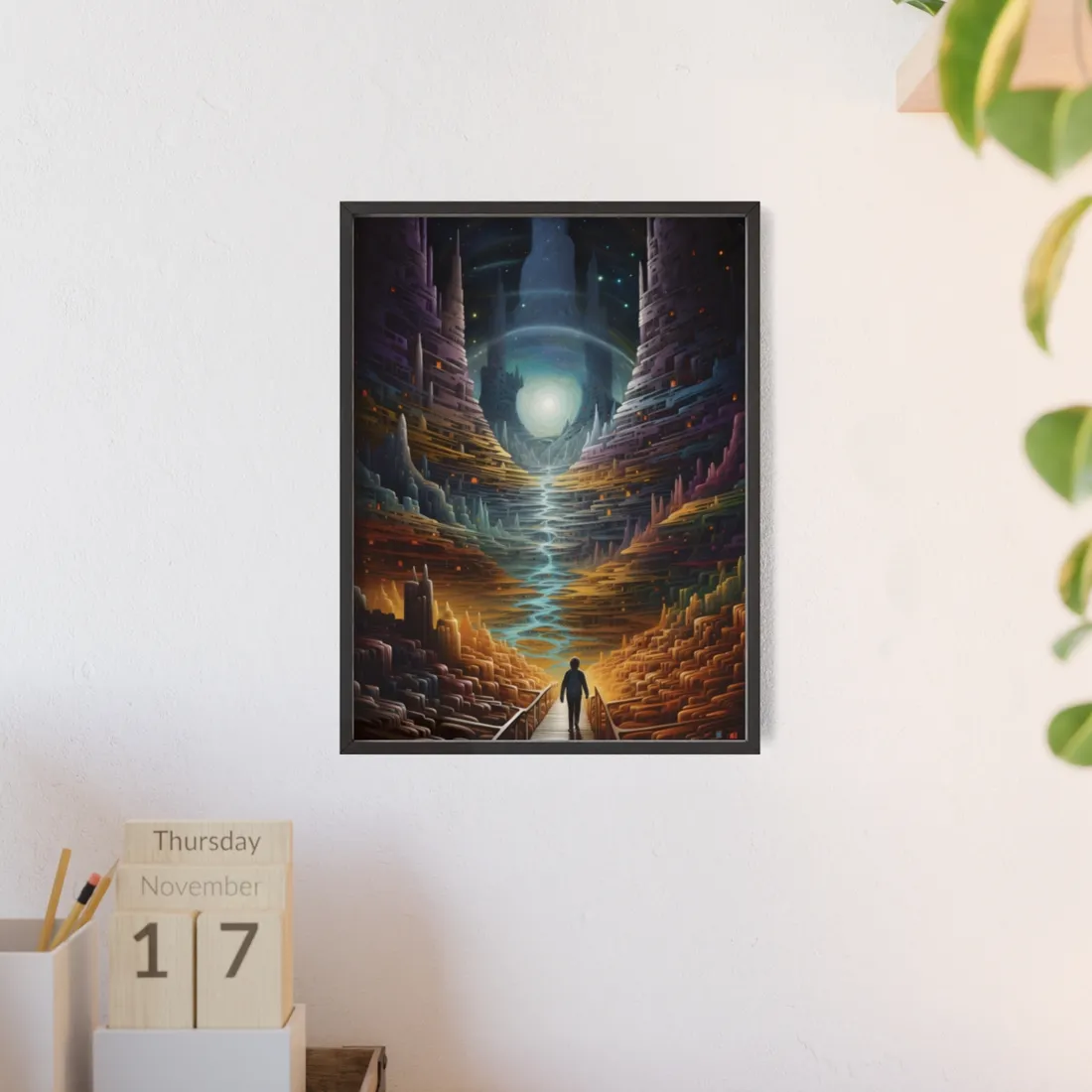 Space Explorer Journey: Astronaut in Cosmic Adventure - Framed Poster