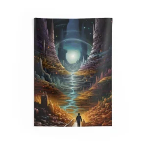 Child Walking Toward Glowing City Wall Tapestry