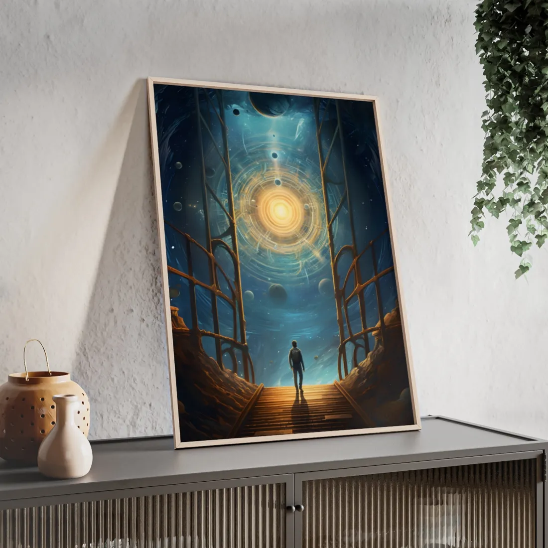 Space Explorer's Journey: Sleek Spacecraft in Stellar Odyssey - Framed Poster
