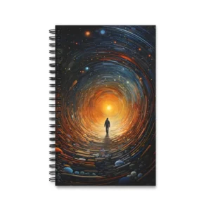 Figure Walking Toward Glowing Vortex Spiral Notebook