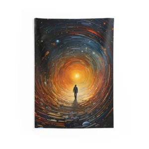 Figure Walking Toward Glowing Vortex Wall Tapestry