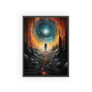 Figure Facing a Glowing Vortex Framed Poster