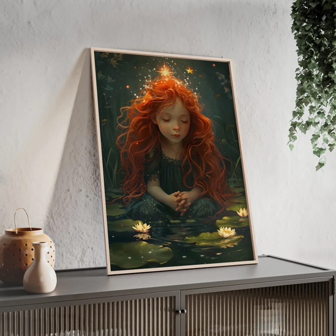 Sparkly Redhead Daydream: Young Girl Digital Art - Framed Poster