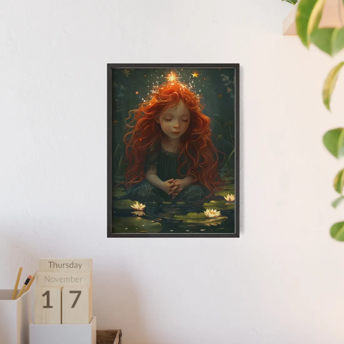 Sparkly Redhead Daydream: Young Girl Digital Art - Framed Poster