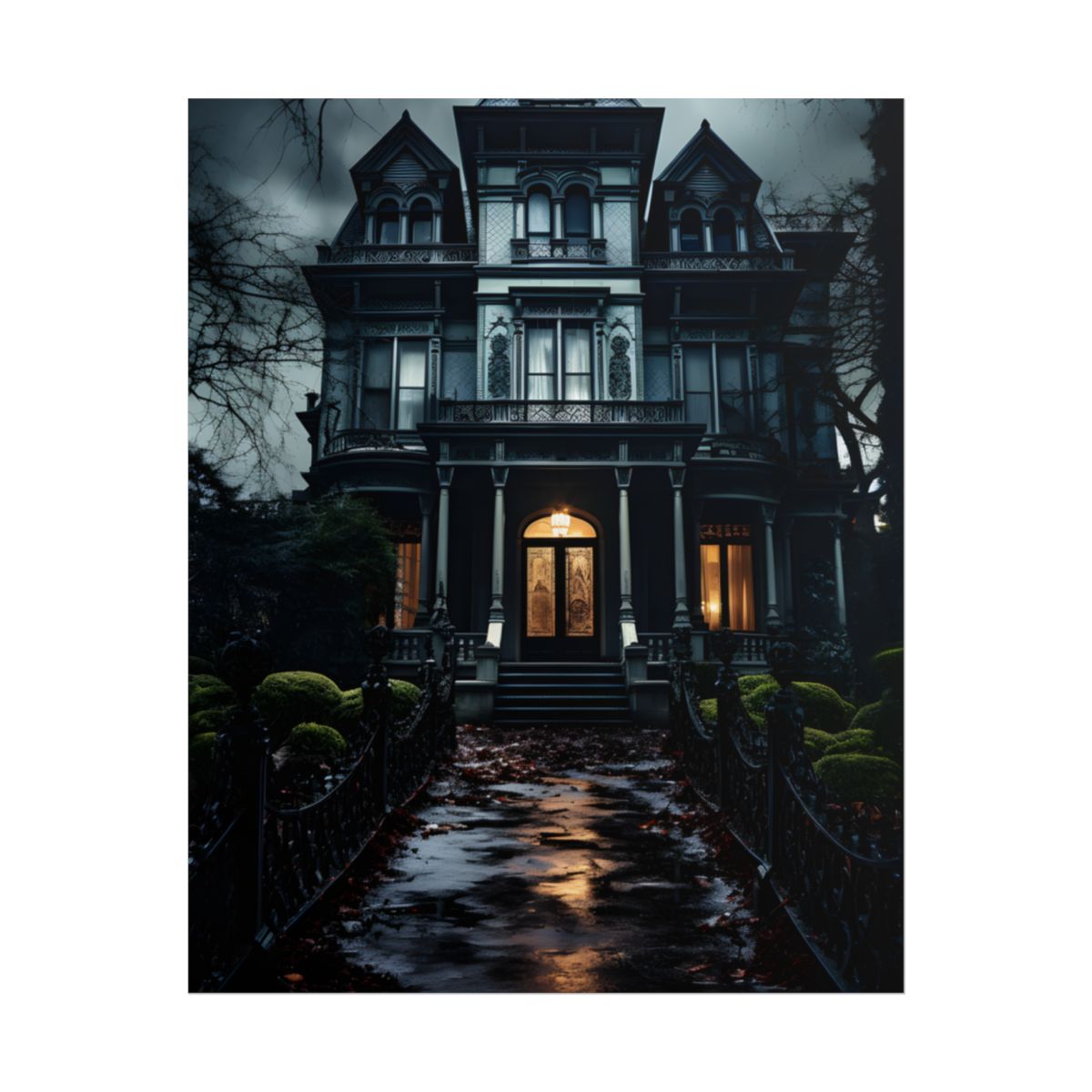 Spooky Haunted Mansion: A Chilling Nighttime Scene Artwork - Poster