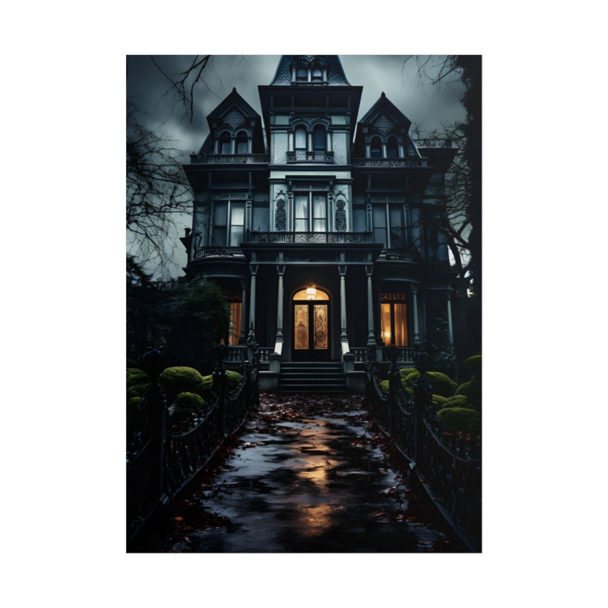 Spooky Haunted Mansion: A Chilling Nighttime Scene Artwork - Poster
