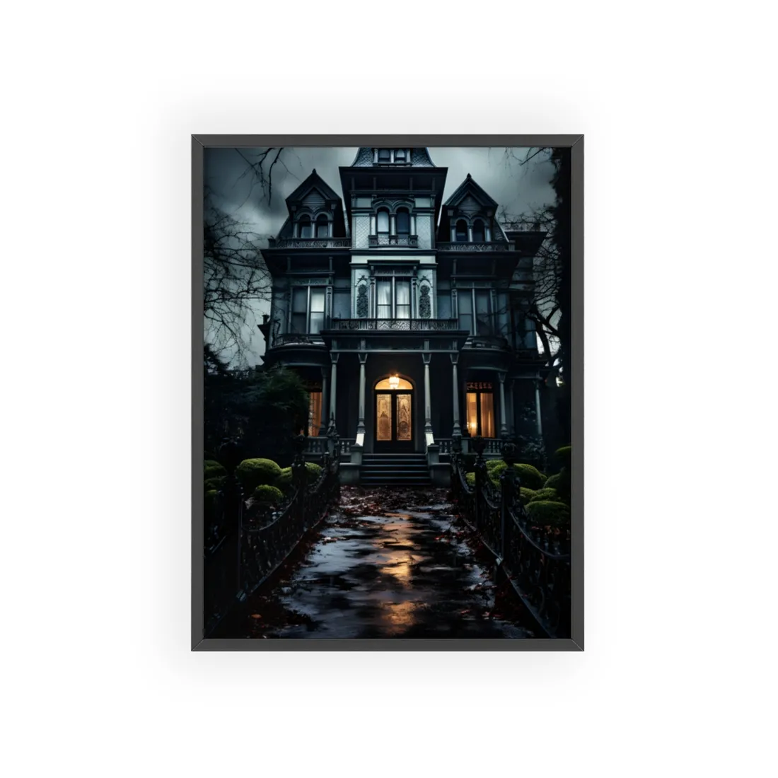 Spooky Haunted Mansion: A Chilling Nighttime Scene - Framed Poster