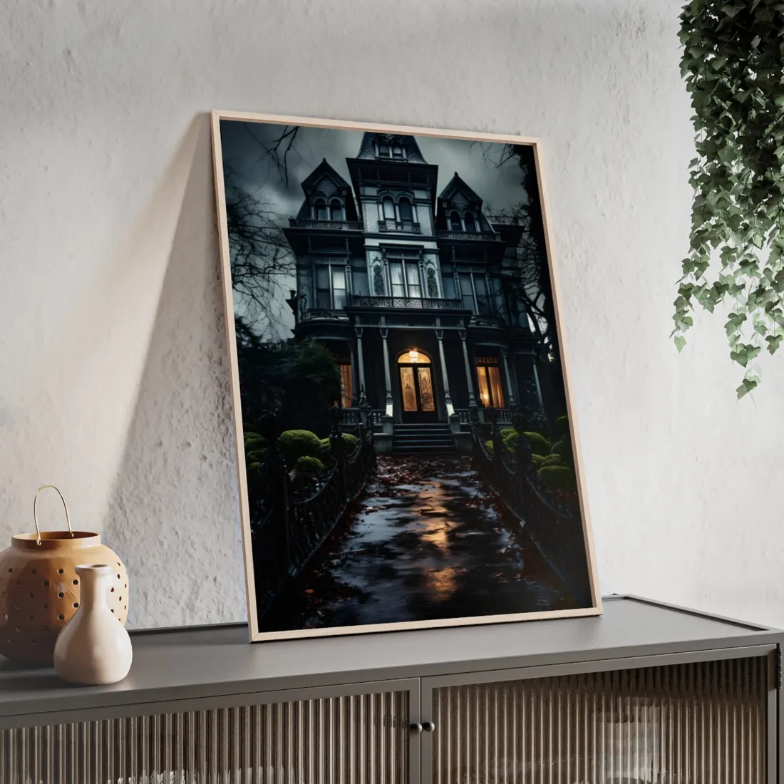 Spooky Haunted Mansion: A Chilling Nighttime Scene - Framed Poster