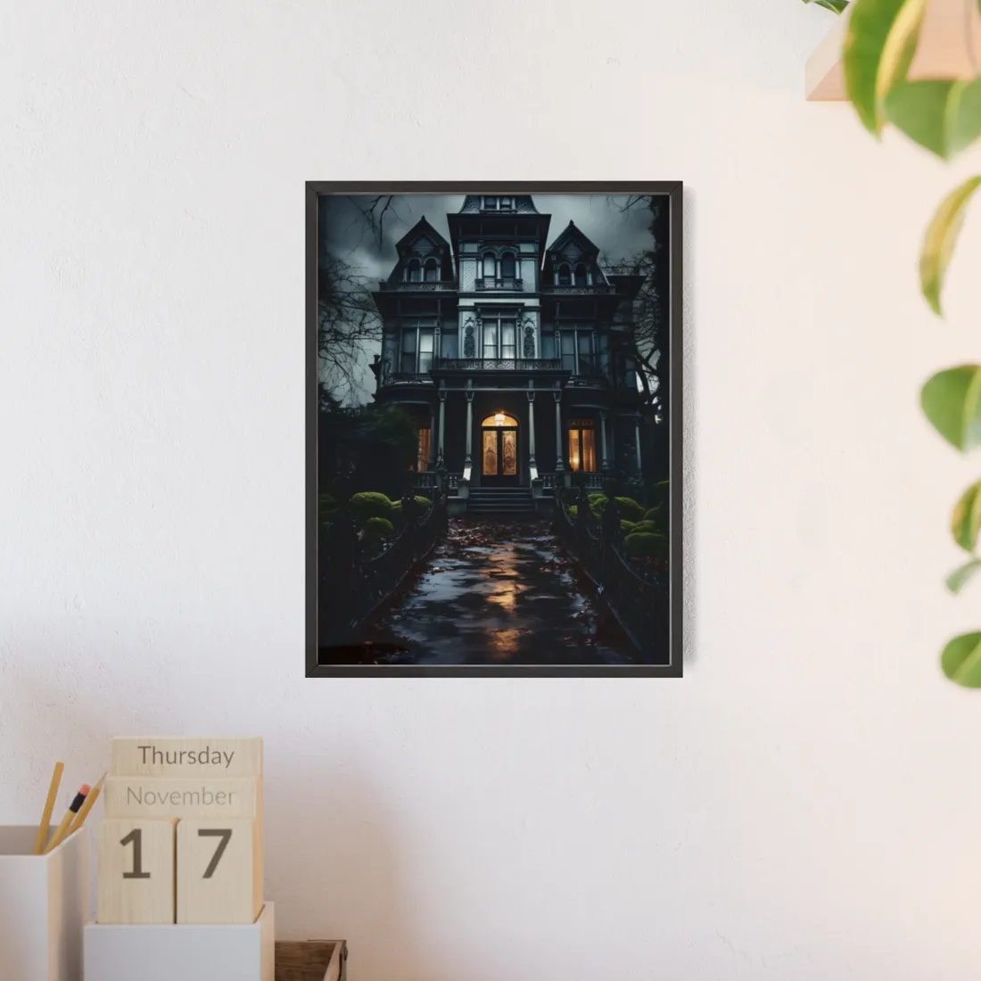 Spooky Haunted Mansion: A Chilling Nighttime Scene - Framed Poster