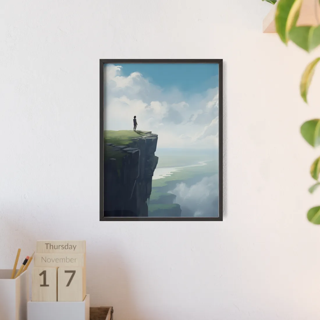 Spring Afternoon Outdoor Scene: Person Walking on Sidewalk - Framed Poster