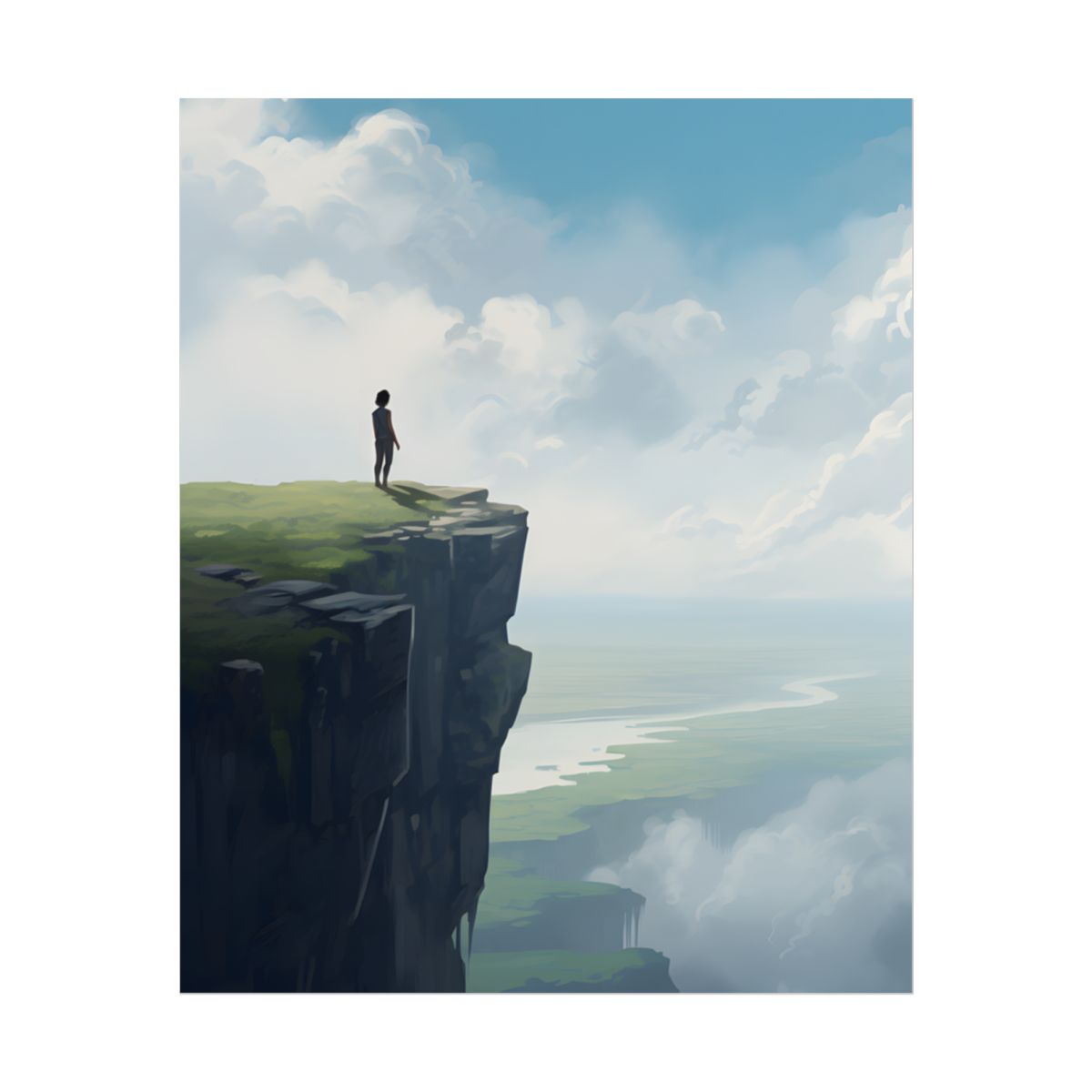 Figure on the Cliff Overlooking the Misty Valley: Dramatic Landscape – Poster, front view