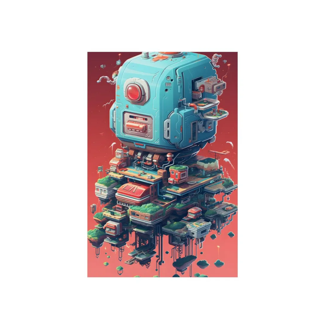 Stacked Tech Tower: Pixel Art Robot Structure - Metal Poster
