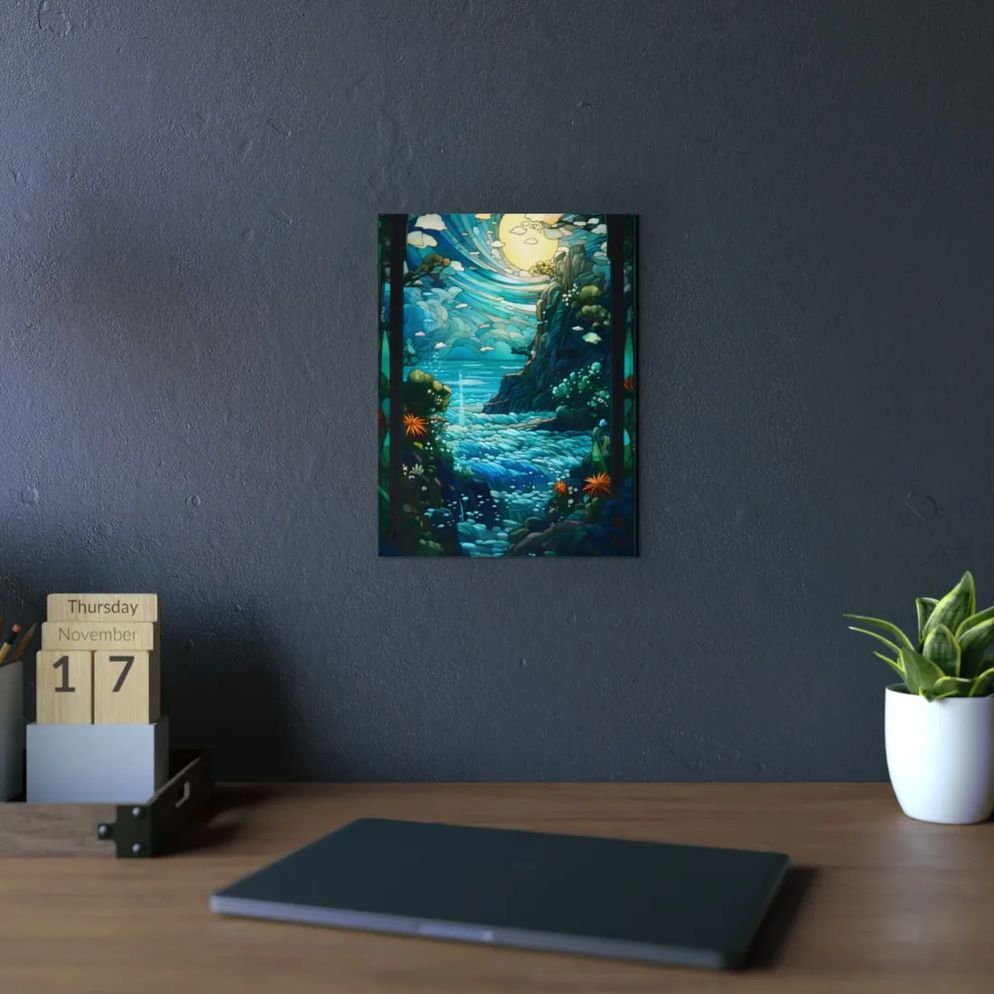 Stained Glass Window: Ocean Cliff and Waterfall Scene - Metal Poster