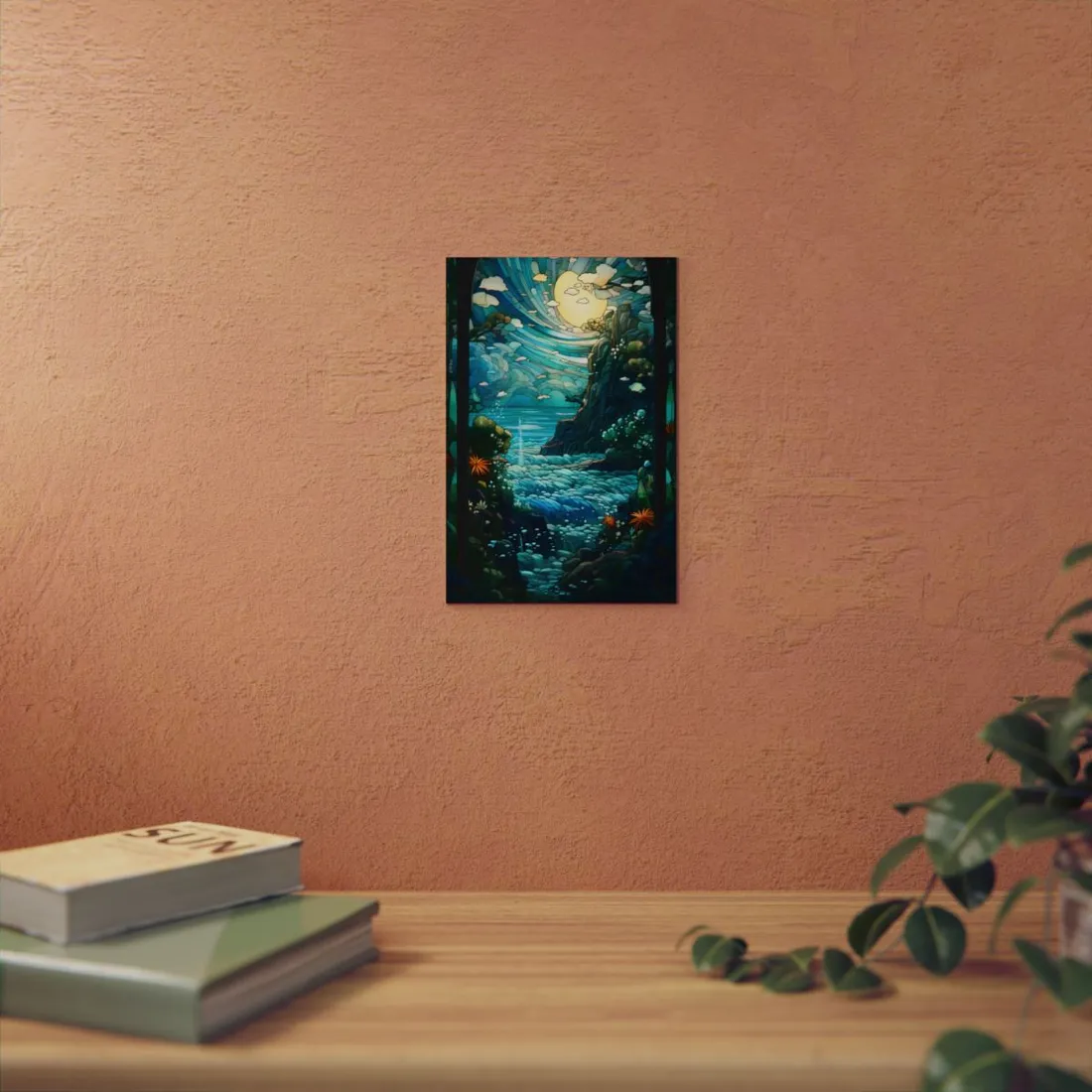 Stained Glass Window: Ocean Cliff and Waterfall Scene - Metal Poster