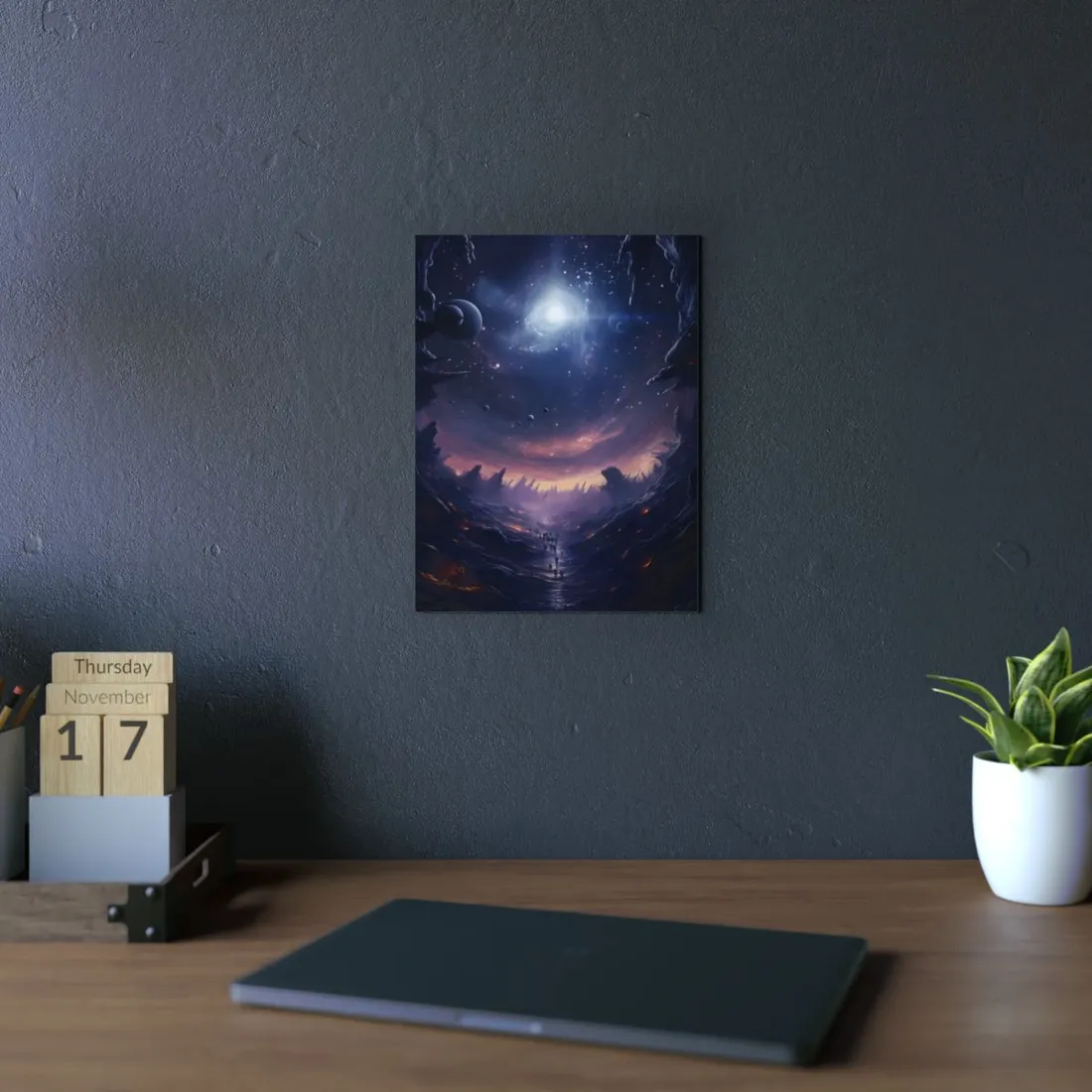 Stargazer's Cliff: Figure Beneath a Glowing Night Sky - Metal Poster