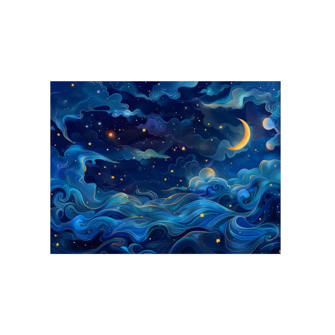 Starry Night Ocean: Moonlit Waves in Blue - Metal Poster