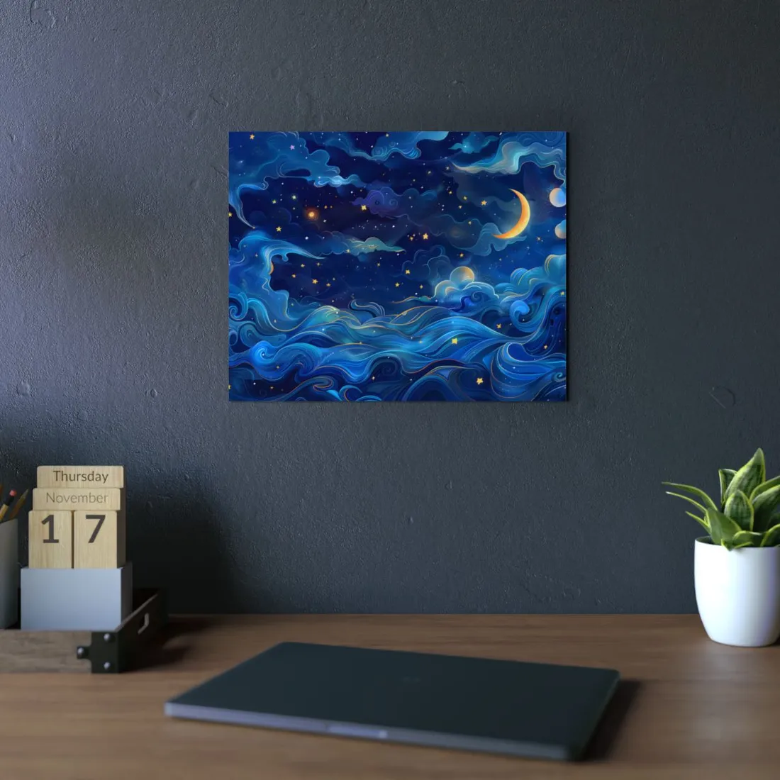 Starry Night Ocean: Moonlit Waves in Blue - Metal Poster