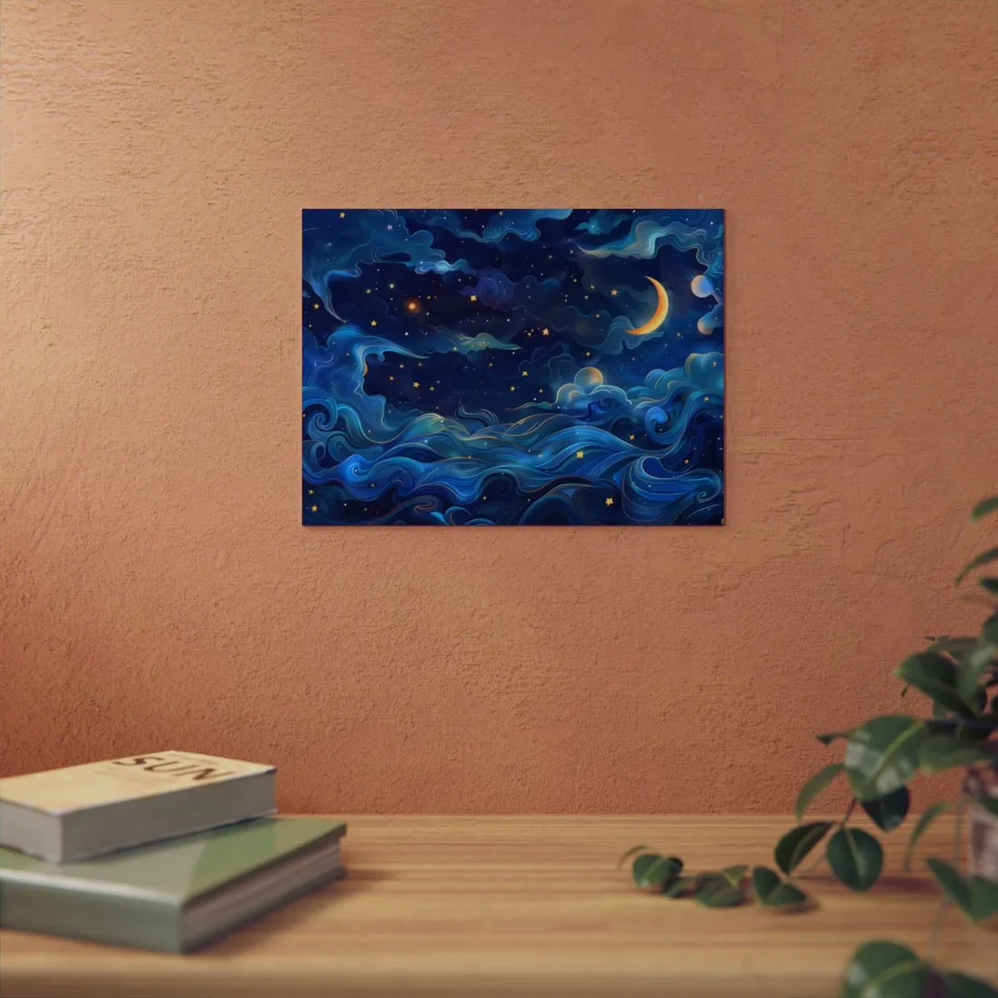 Starry Night Ocean: Moonlit Waves in Blue - Metal Poster