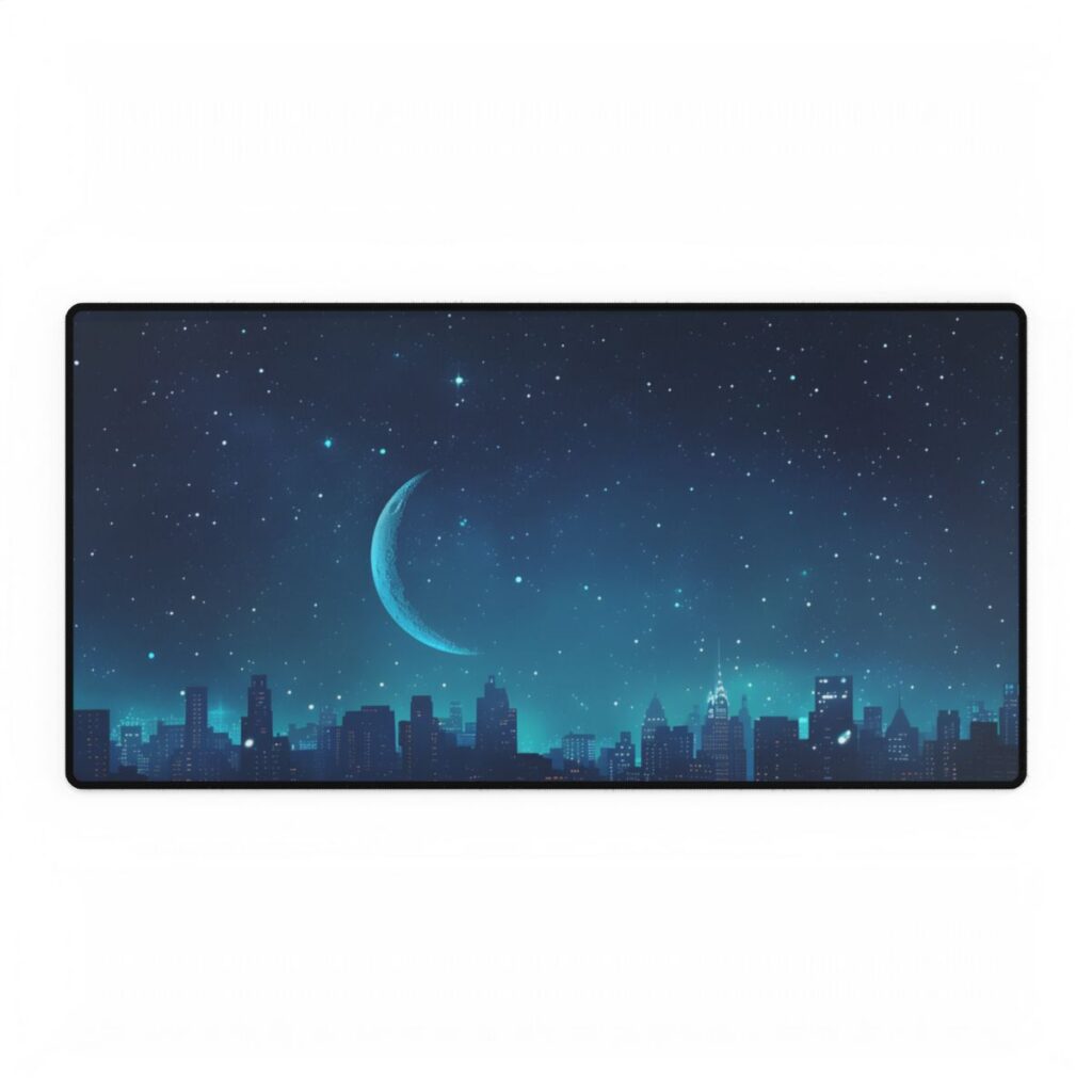 Starry Night Sky: Tranquil Dark Blue Scene with Crescent Moon - Desk Mat