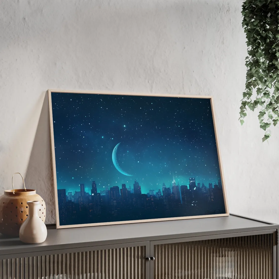 Starry Night Sky: Tranquil Dark Blue Scene with Crescent Moon - Framed Poster
