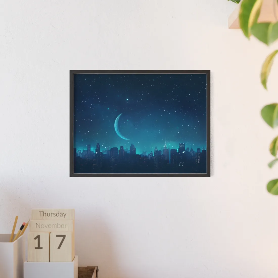 Starry Night Sky: Tranquil Dark Blue Scene with Crescent Moon - Framed Poster