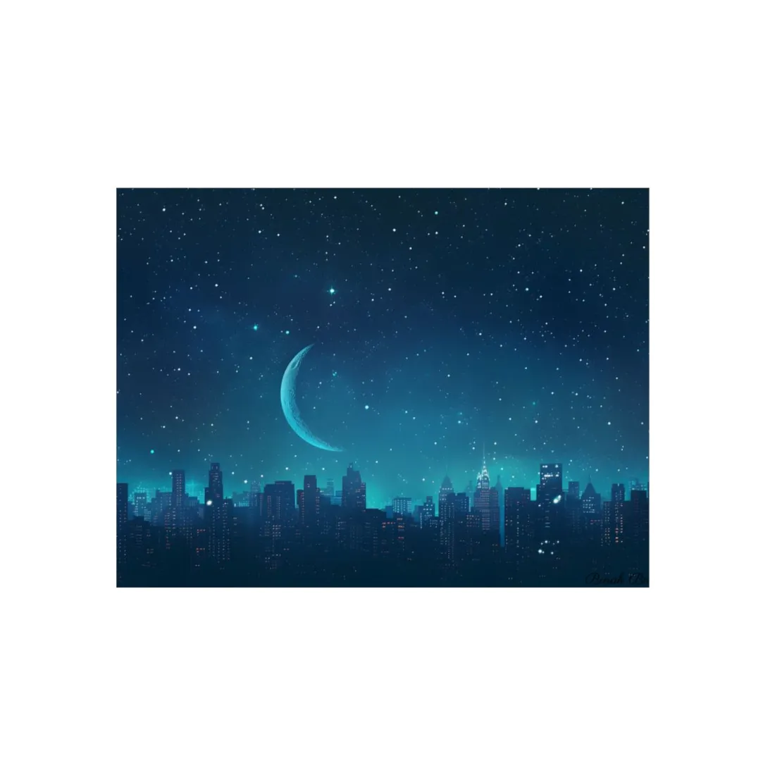 Starry Night Sky: Tranquil Dark Blue Scene with Crescent Moon - Metal Poster