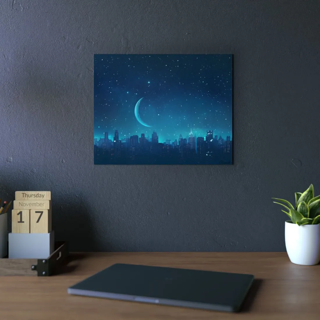Starry Night Sky: Tranquil Dark Blue Scene with Crescent Moon - Metal Poster