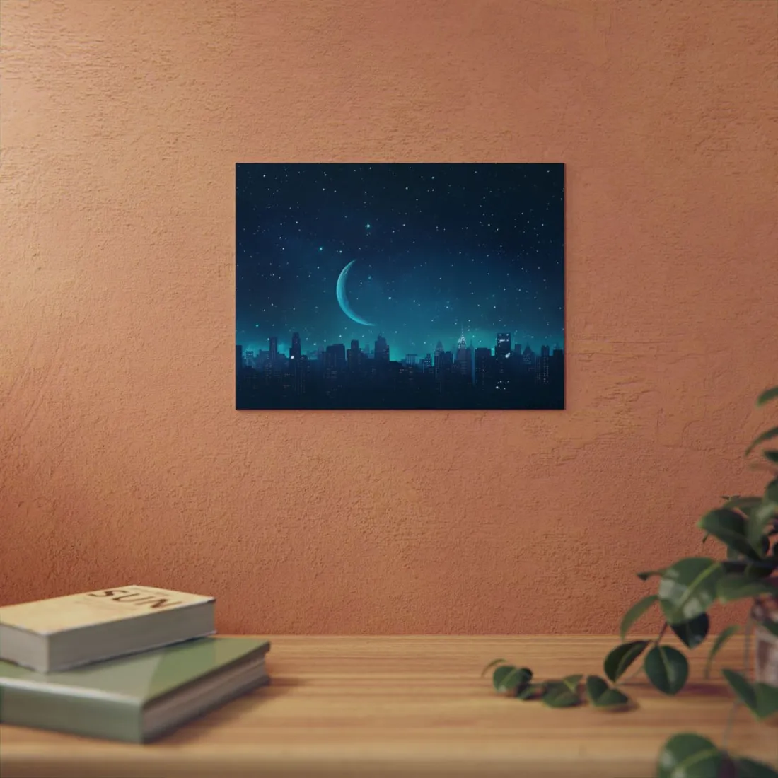Starry Night Sky: Tranquil Dark Blue Scene with Crescent Moon - Metal Poster