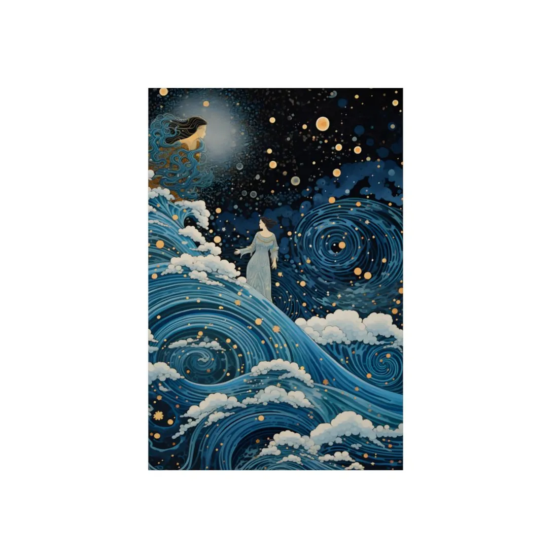 Starry Night Waves: Figure Standing on the Ocean - Metal Poster