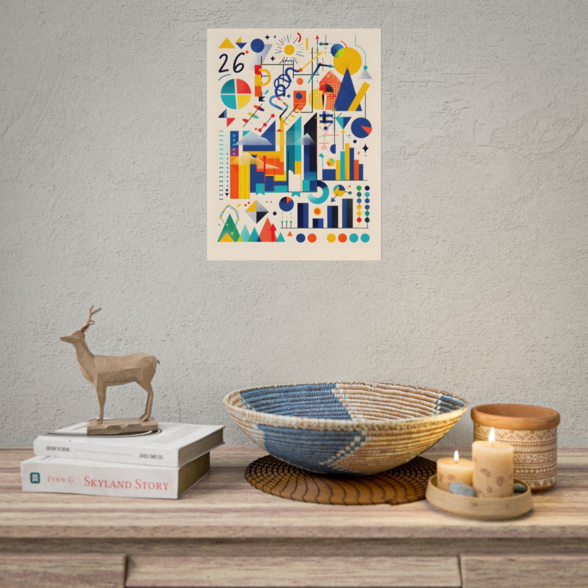 Colorful flat abstract poster of pie charts, bar charts, triangles and circles on a cream – Poster, room mockup, view 5