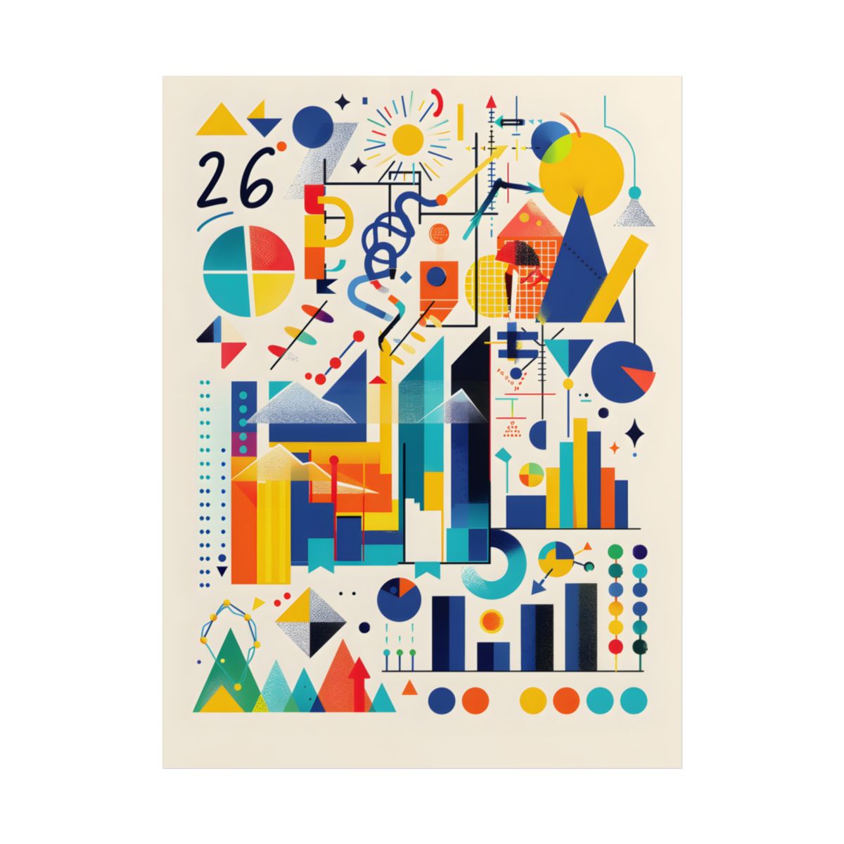 Colorful flat abstract poster of pie charts, bar charts, triangles and circles on a cream – Poster, front view, view 6