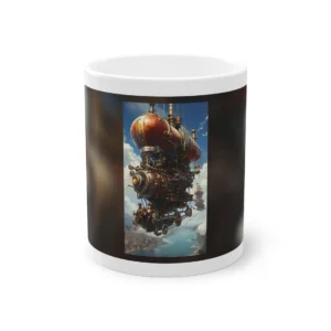 Steampunk Airship over Coastal City Mug