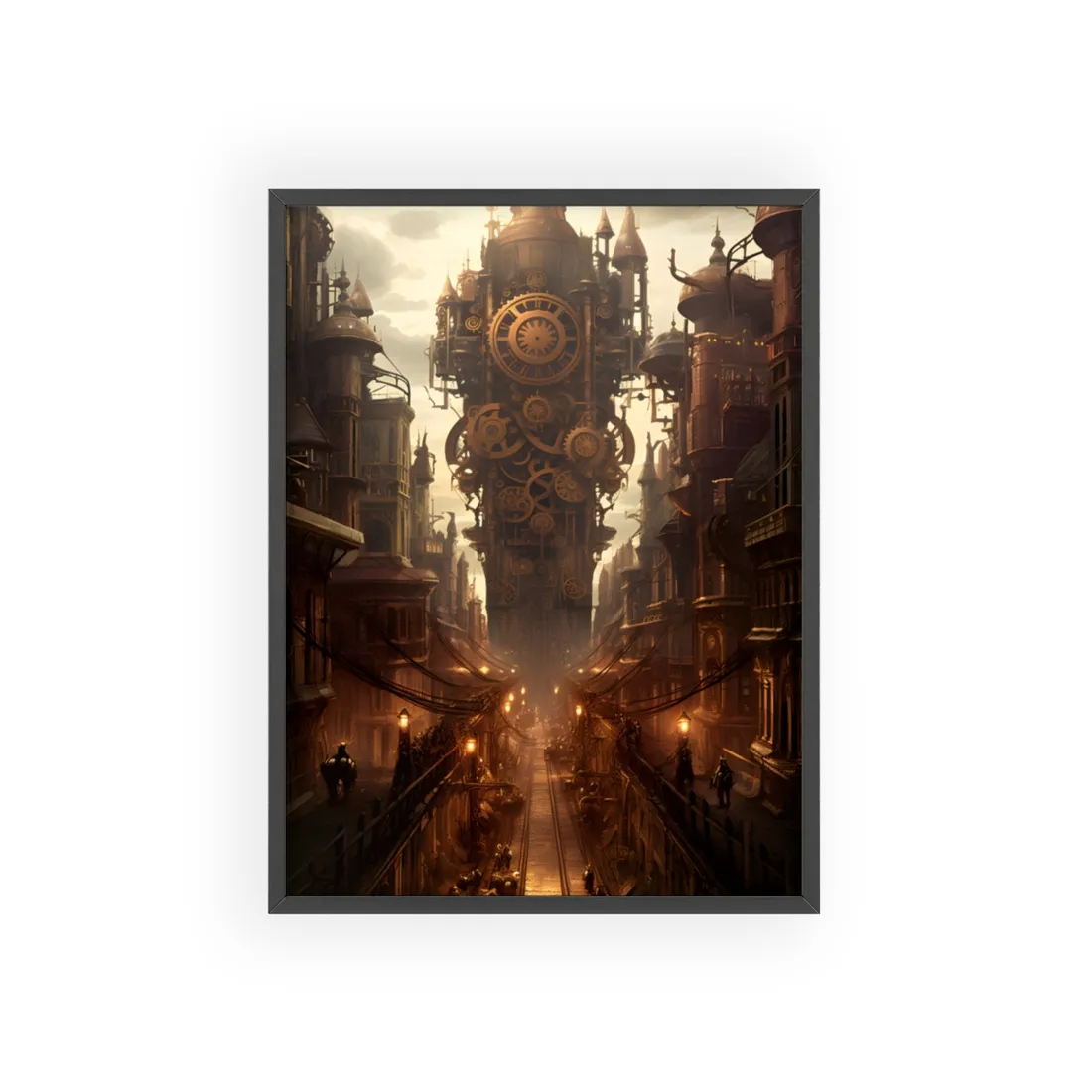 Steampunk City: A Glimpse into Industrial Paradise - Framed Poster