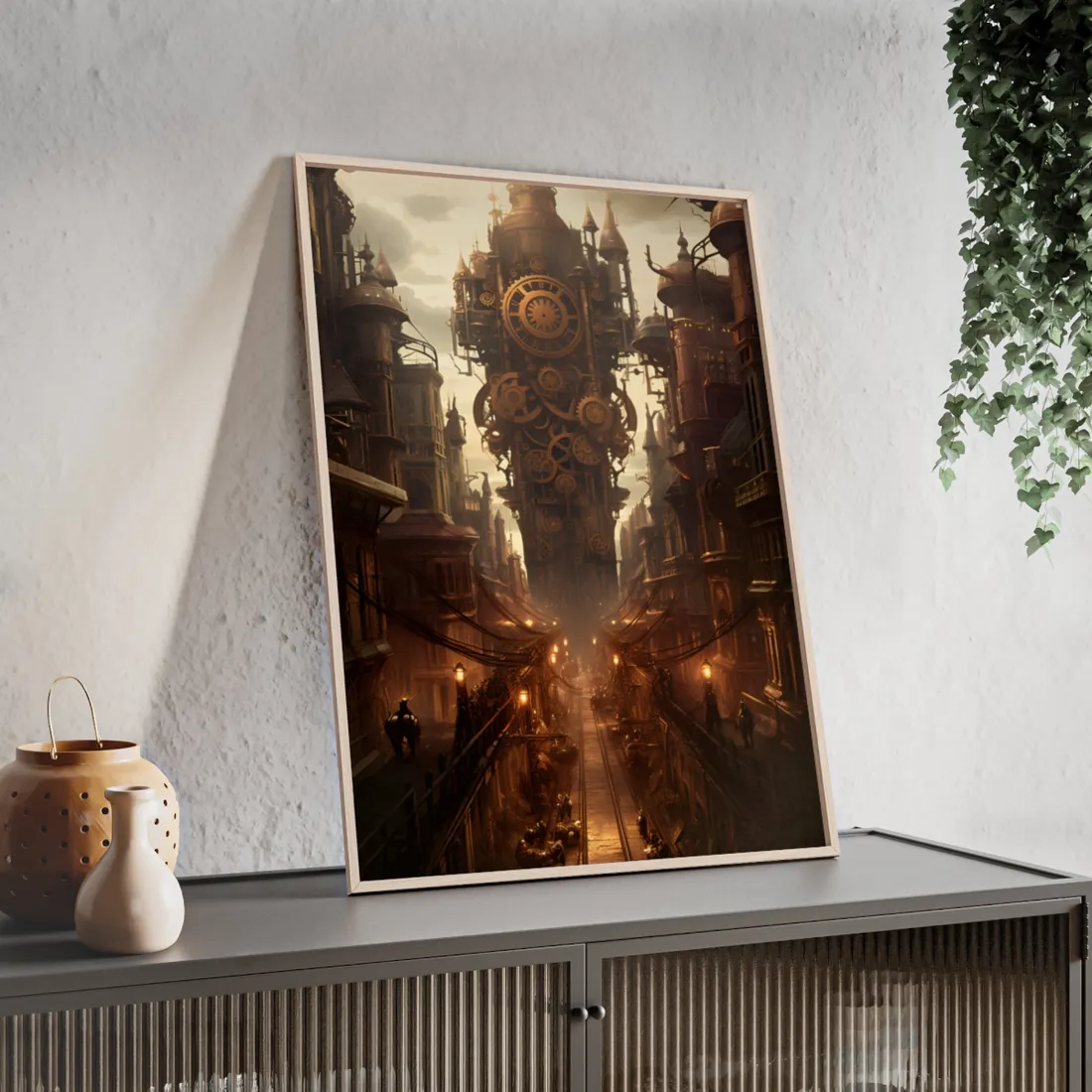 Steampunk City: A Glimpse into Industrial Paradise - Framed Poster