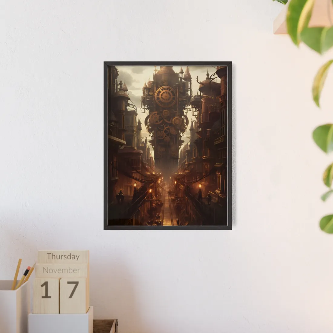 Steampunk City: A Glimpse into Industrial Paradise - Framed Poster