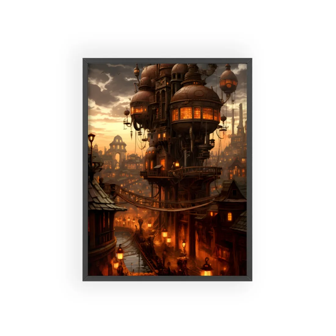 Steampunk City Delights: Vintage Parisian Landscape Art - Framed Poster