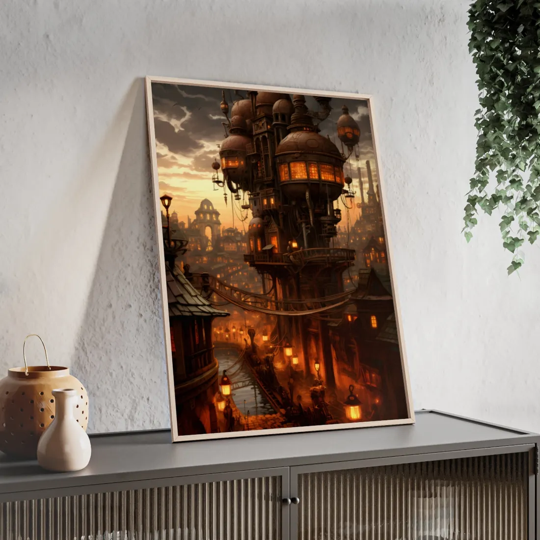 Steampunk City Delights: Vintage Parisian Landscape Art - Framed Poster