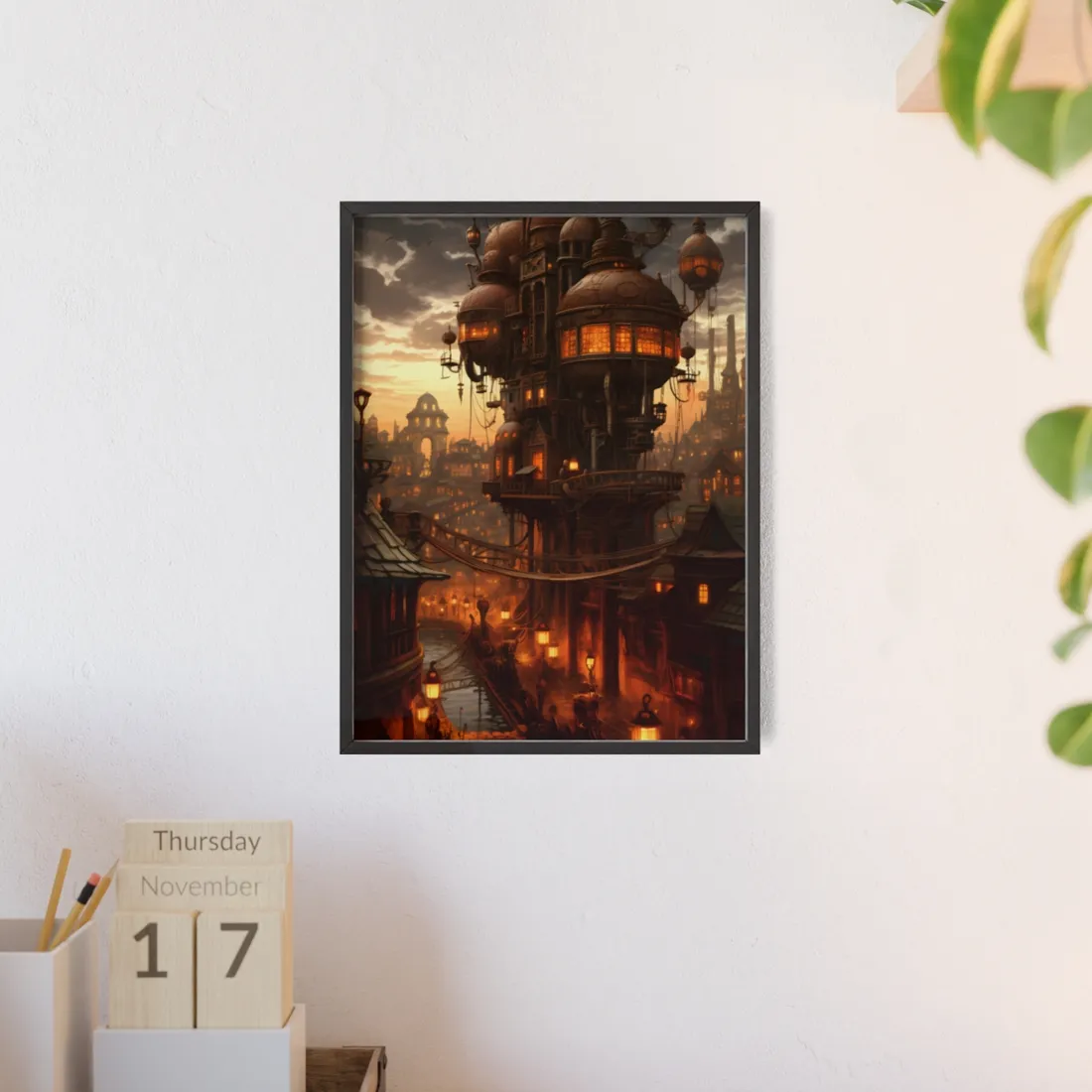 Steampunk City Delights: Vintage Parisian Landscape Art - Framed Poster