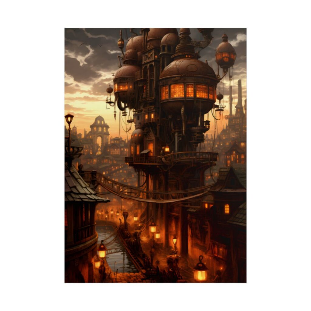 Steampunk City Delights: Vintage Parisian Landscape Art - Poster