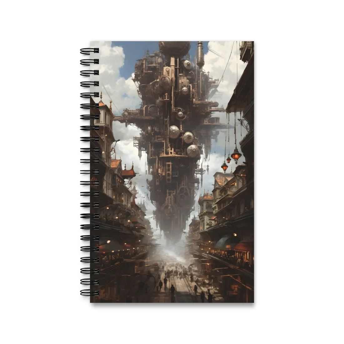 Steampunk Cityscape: A Glimpse into a Futuristic Industrial Era - Spiral Notebook