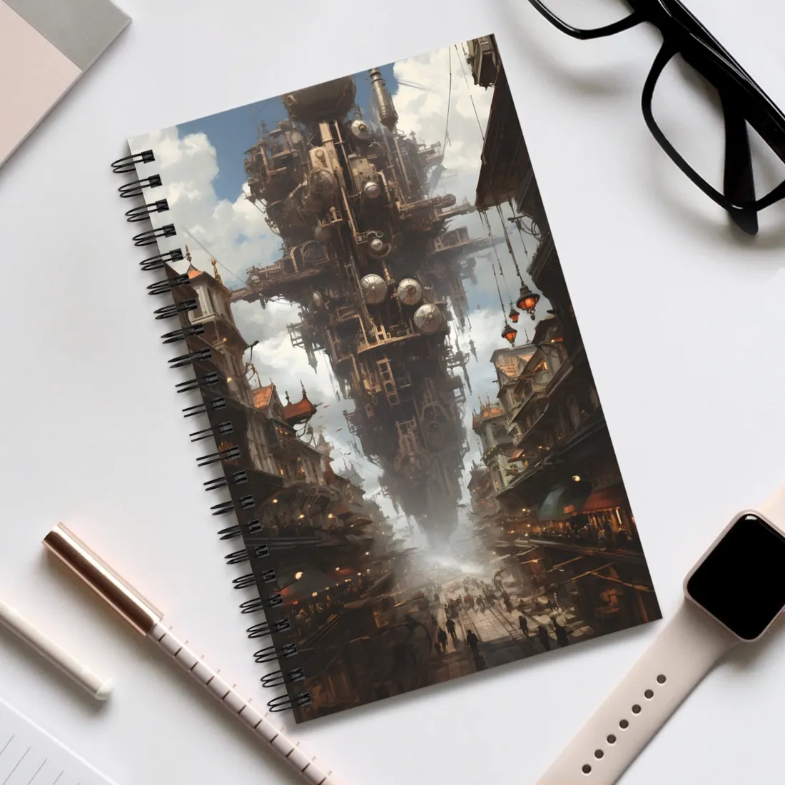 Steampunk Cityscape: A Glimpse into a Futuristic Industrial Era - Spiral Notebook