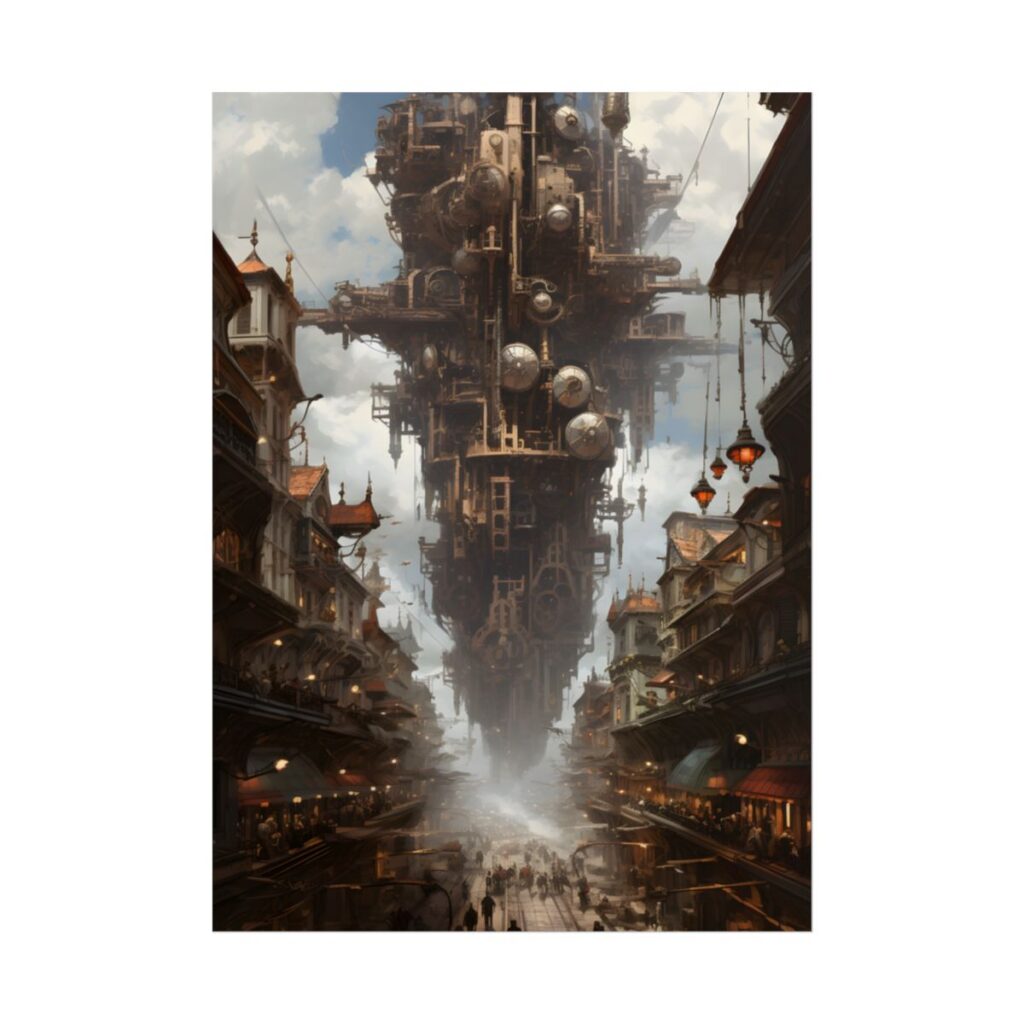 Steampunk Cityscape: A Glimpse into a Futuristic Industrial Era - Poster