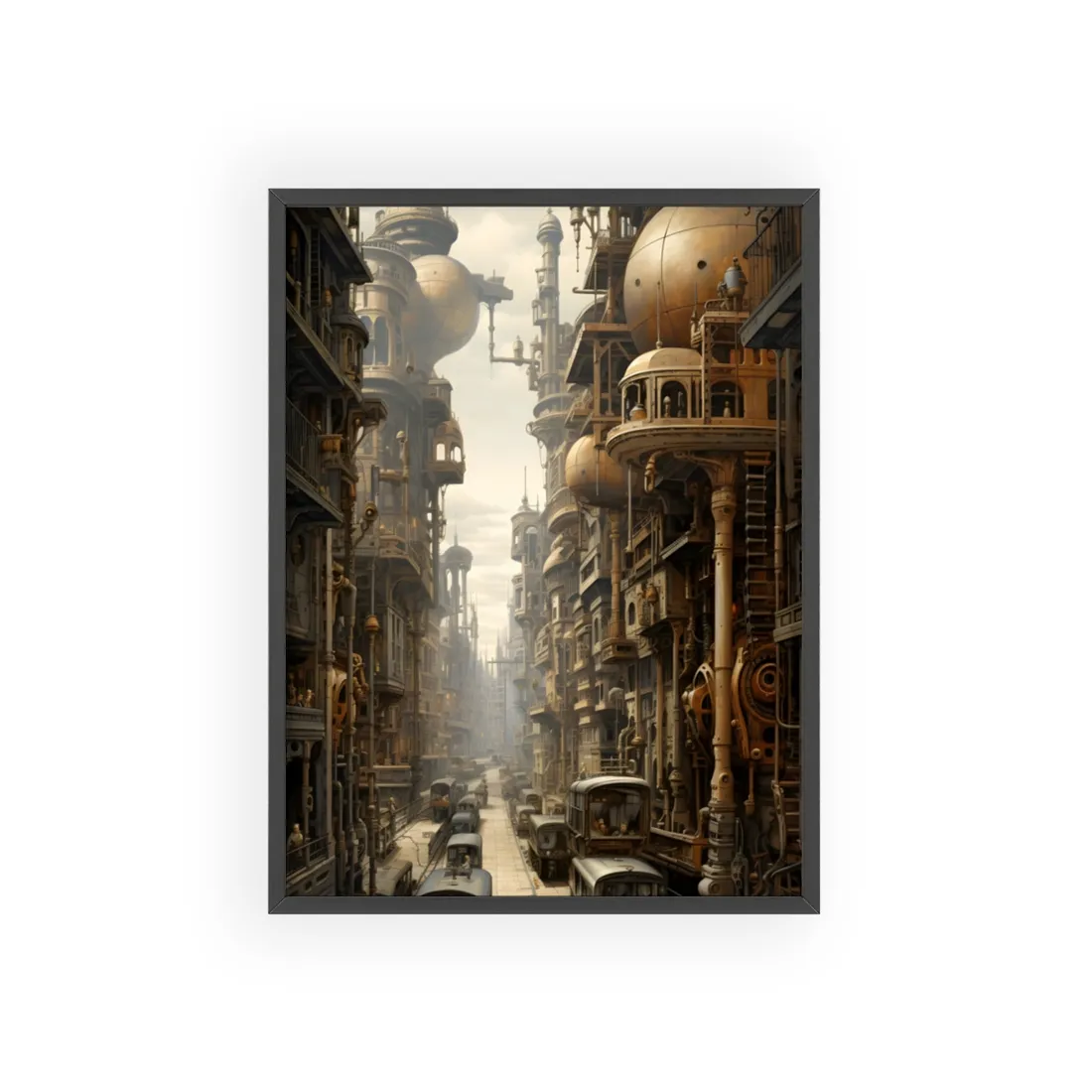 Steampunk Cityscape: A Glimpse into Jules Verne's Paris - Framed Poster