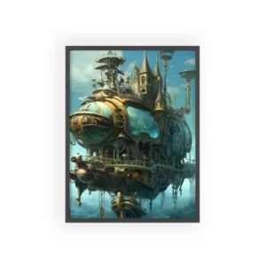 Steampunk Airship over Sea Framed Poster