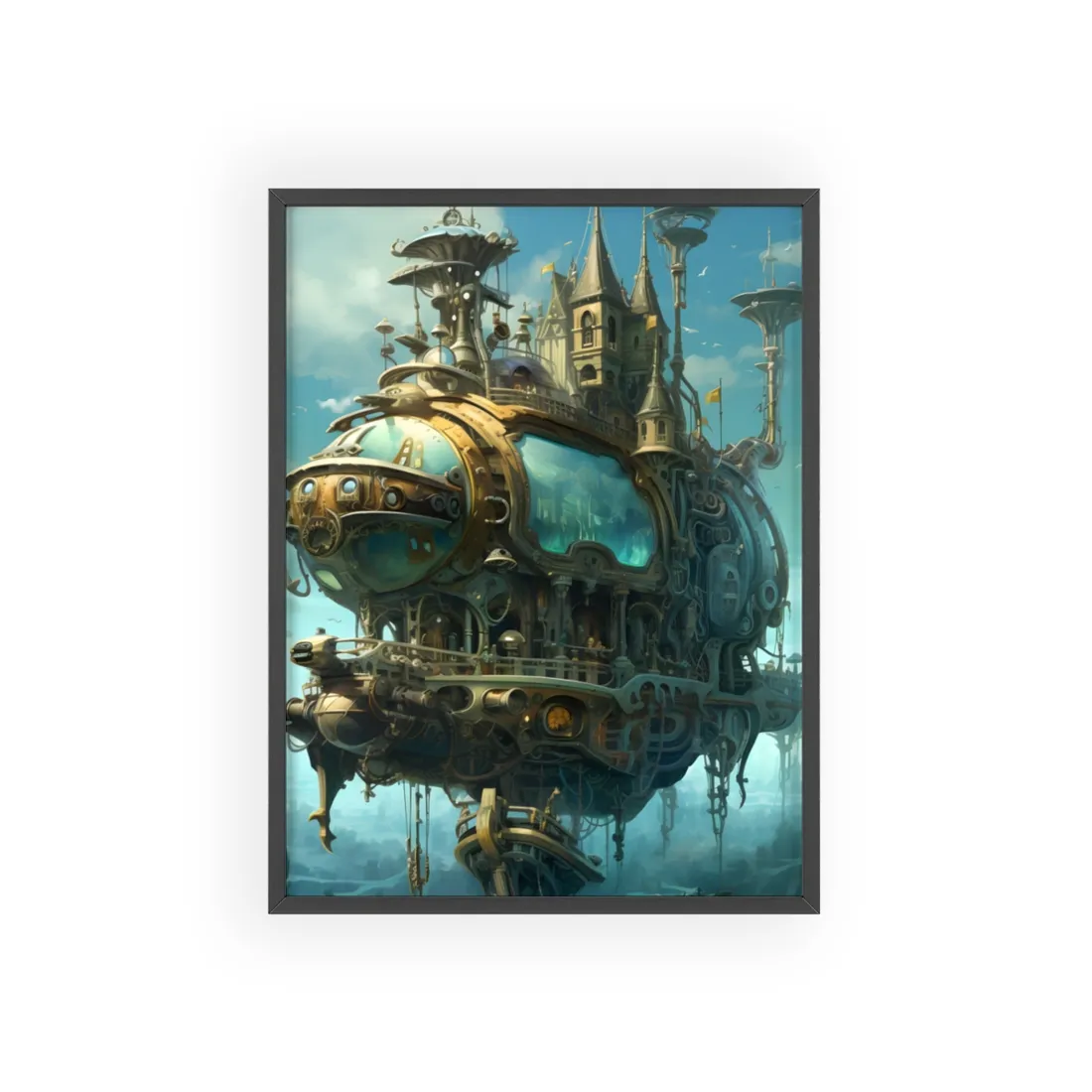 Steampunk Oceanic Adventure: A Crew's Journey Through Mechanical Tides - Framed Poster