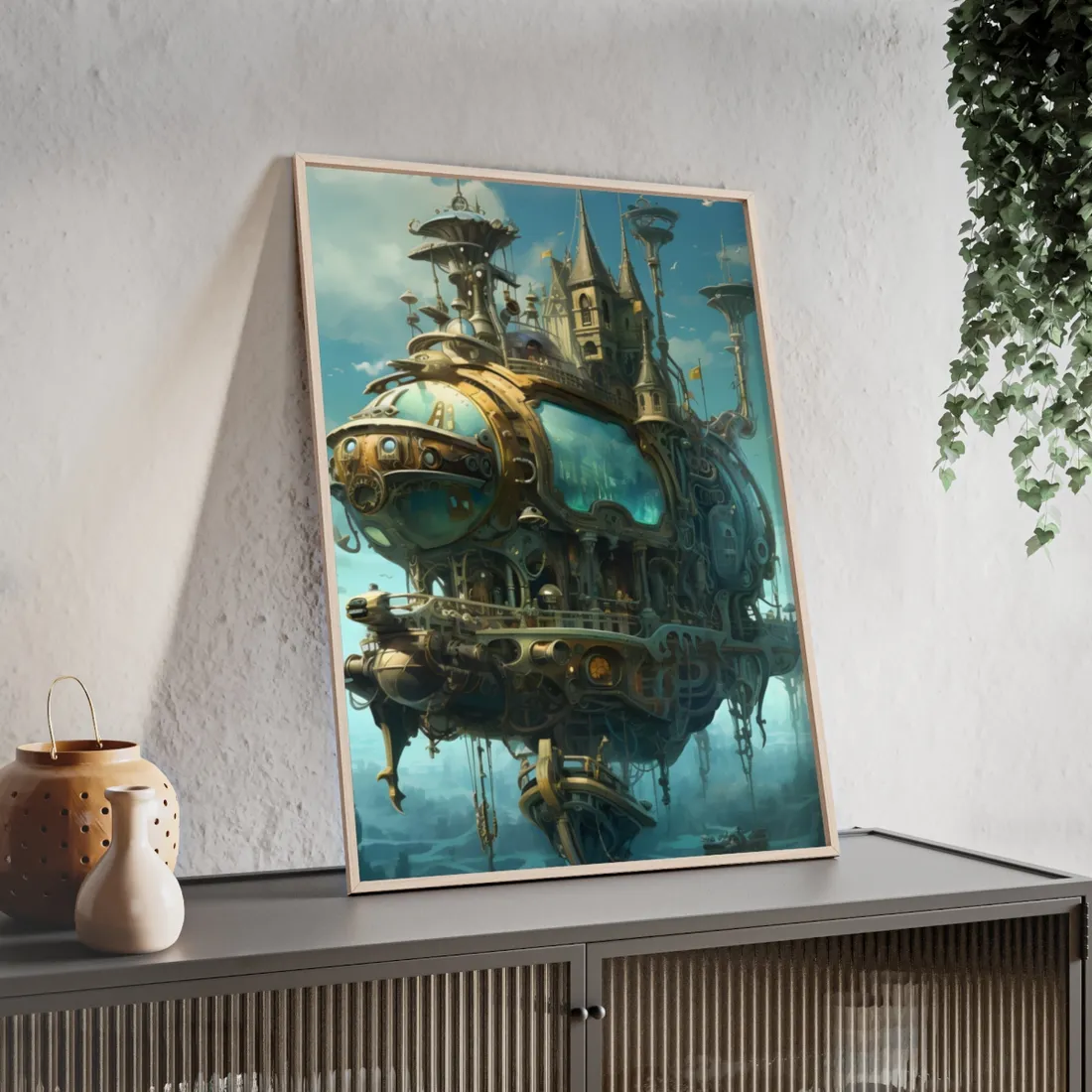 Steampunk Oceanic Adventure: A Crew's Journey Through Mechanical Tides - Framed Poster