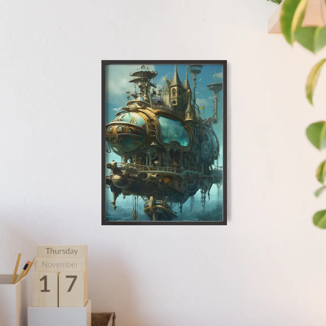 Steampunk Oceanic Adventure: A Crew's Journey Through Mechanical Tides - Framed Poster